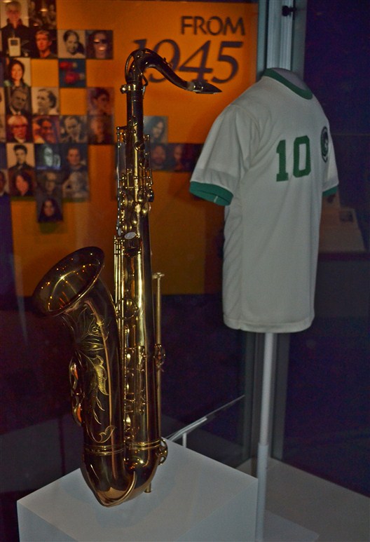 John Coltrane's tenor sax and Pele's soccer jersey